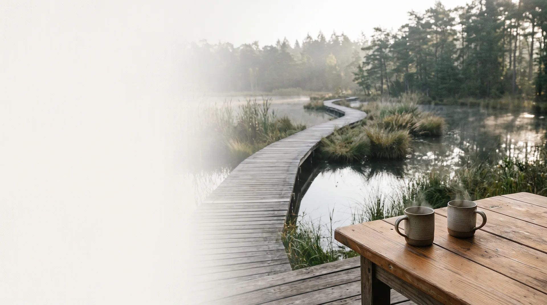 Houten vlonderpad over verstild water met twee mokken kruidenthee